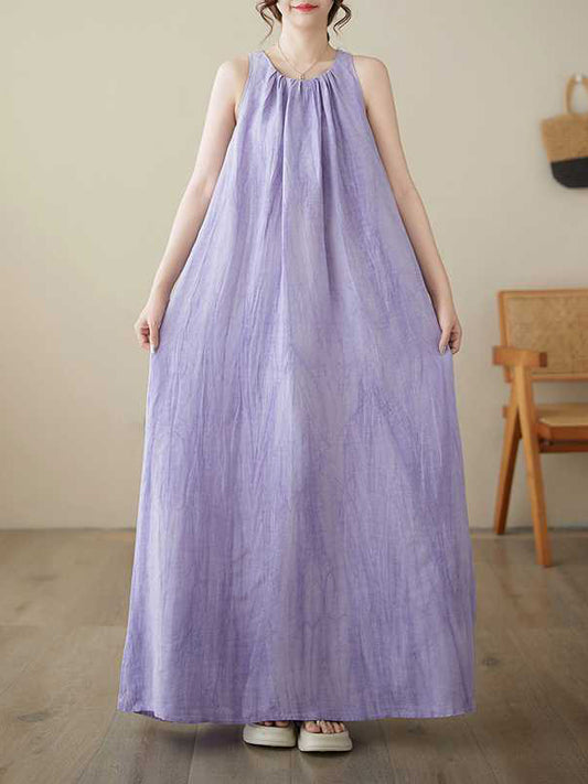 A-line Loose Pleated Color Round-neck Midi Dresses