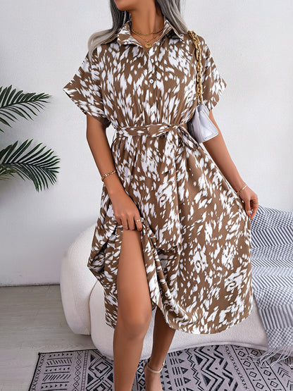 Loose Short Sleeves Leopard Ribbed Lapel Midi Dresses