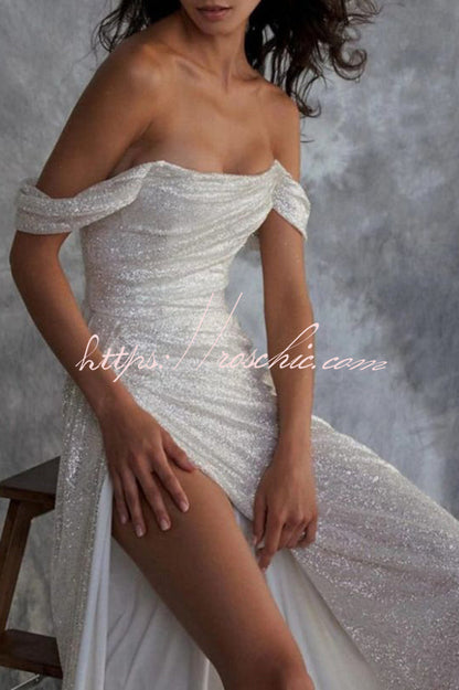 Silver Sequin Slit Off Shoulder Maxi Dress With Long Train