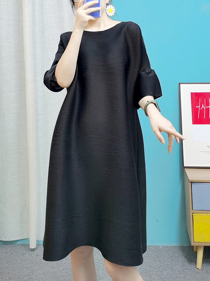 Stylish Selection Flared Sleeves A-line Pleated Color Round-neck Midi Dresses