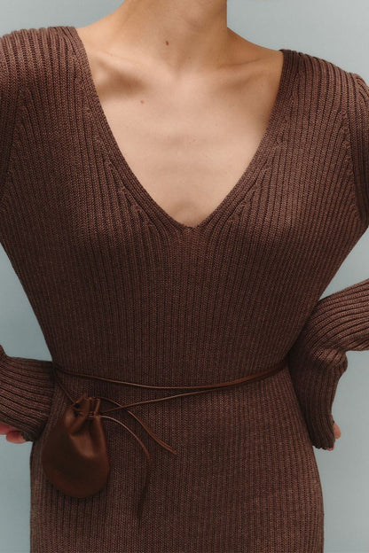 V-neck Long Sleeve Knit Sweater Dress