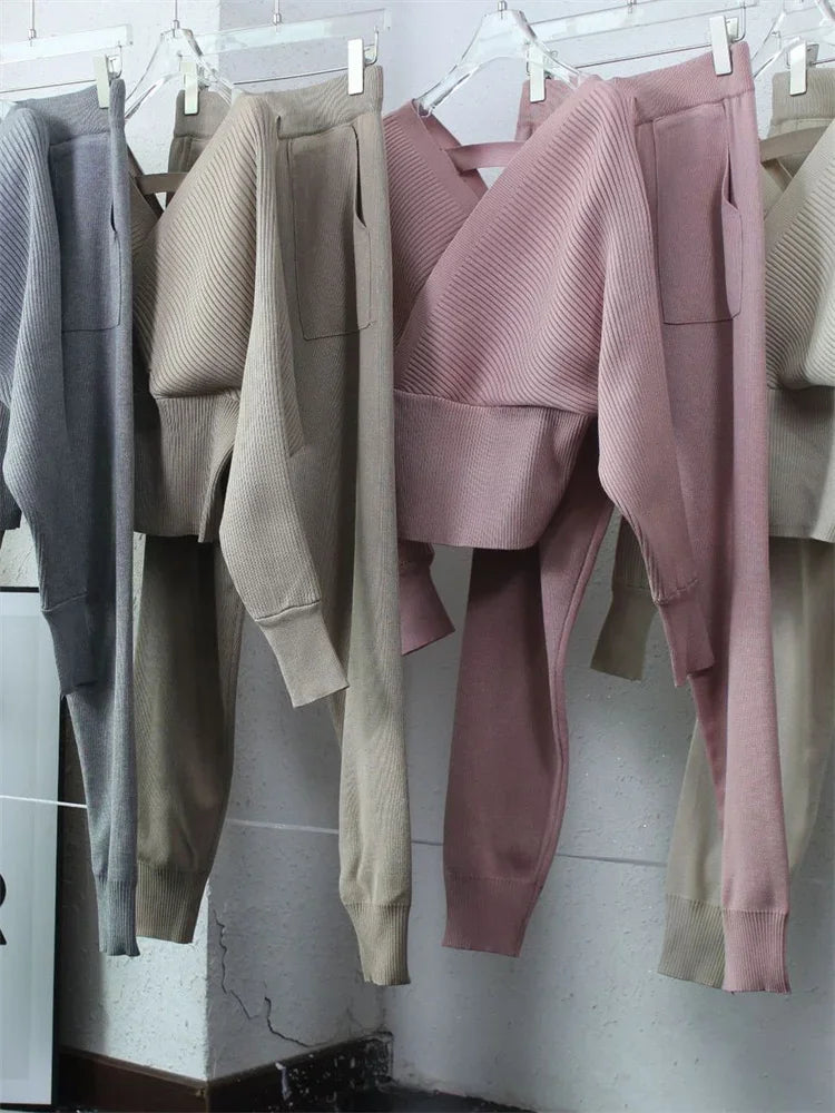 Knit V-neck Pullover 2 Piece-set for Patchwork Sweater and High Waist Drawstring ’s Pants Sets Outfits