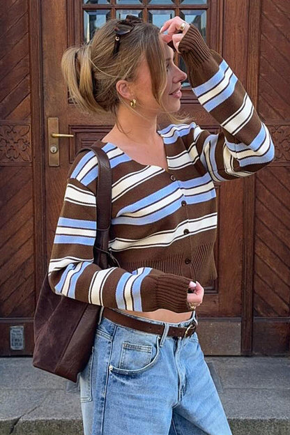 Retro Niche Striped Slim-fit Long-sleeve Knit Cardigan