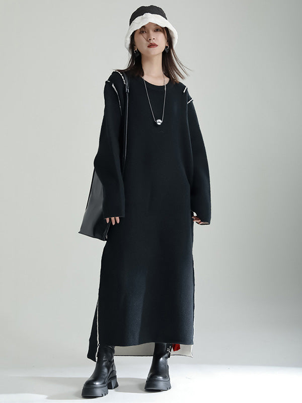 Long Sleeves Loose Color Round-neck Sweater Dresses