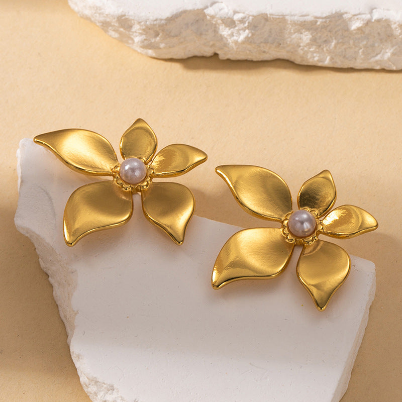 Gold Pearl Flower Earrings