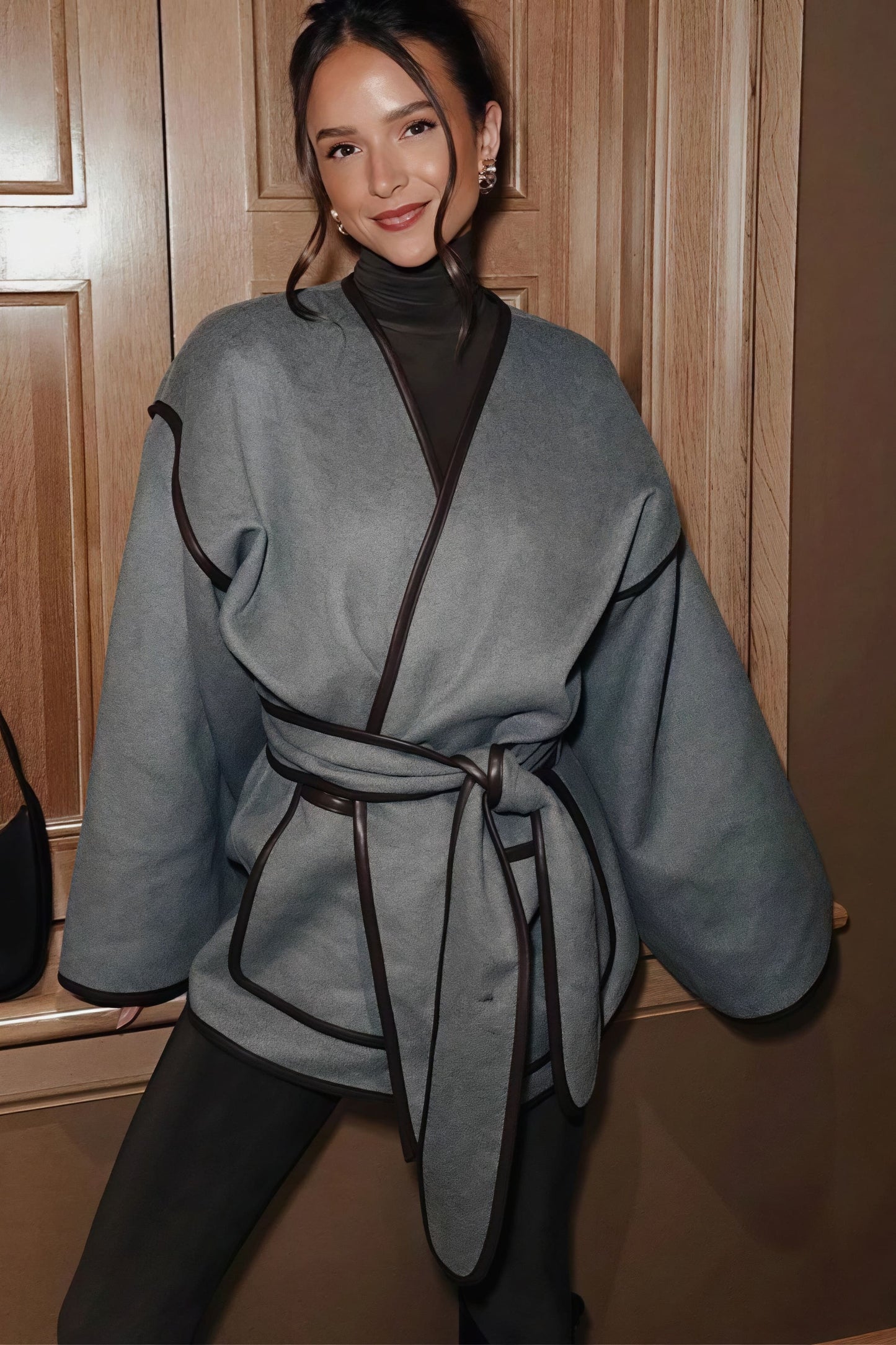 Leather Pieced Two-tone Belted Coat
