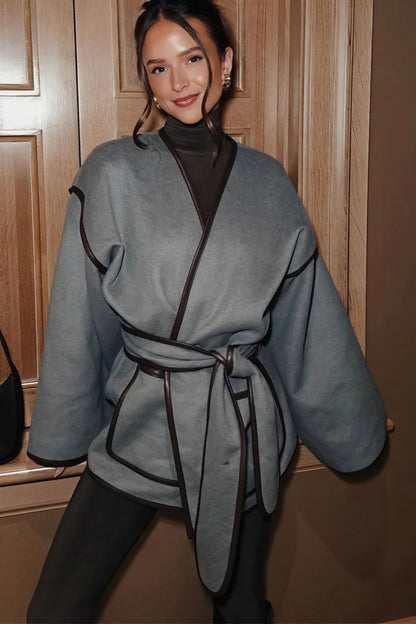 Leather Pieced Two-tone Belted Coat