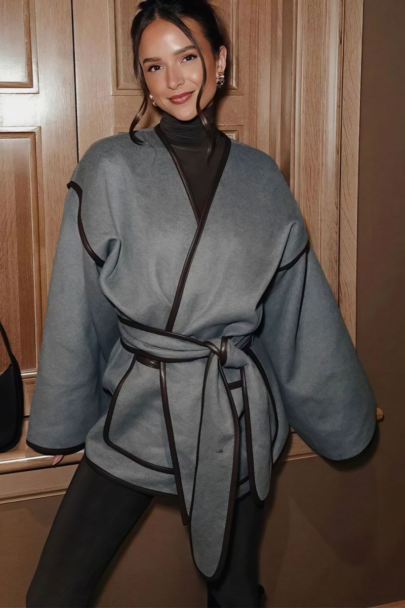 Leather Pieced Two-tone Belted Coat