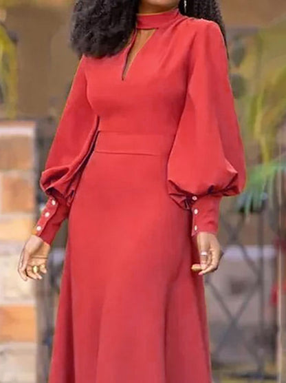 Long Sleeves Loose Buttoned Hollow Color Split-joint Round-neck Maxi Dresses