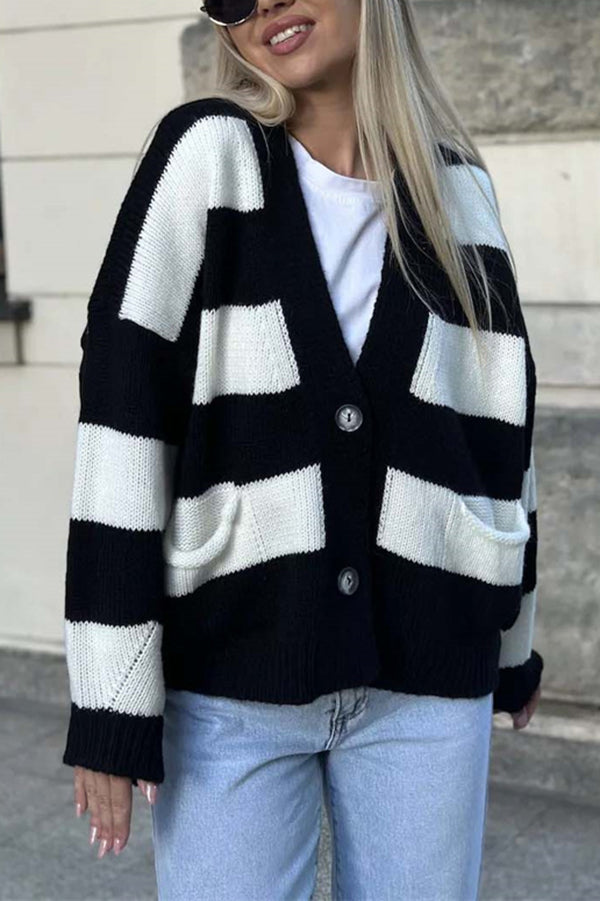 V-neck Long-sleeved Striped Pocket Knitted Cardigan