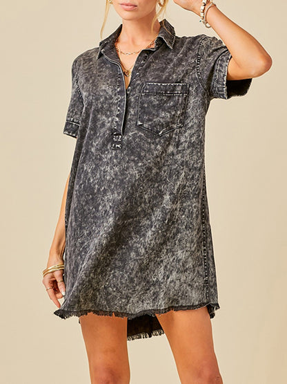 A-line Loose Fringed Pleated Pockets Split-joint Lapel Mini Dresses