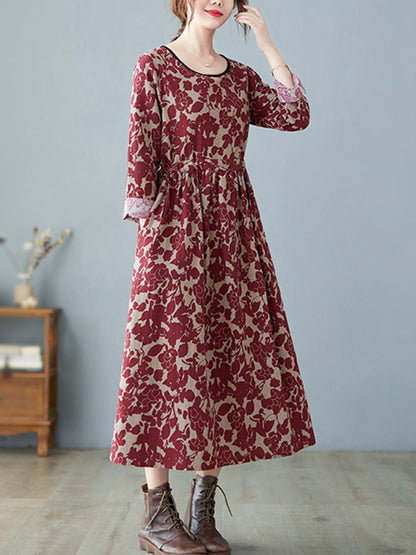 Artistic Retro Ramie Cotton Printed Pleated Round-neck Long Sleeves Midi Dress