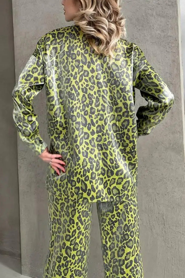 Leopard Print Long-sleeved Top and Loose Elastic Waist Tie Pants Set