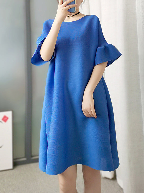 Stylish Selection Flared Sleeves A-line Pleated Color Round-neck Midi Dresses