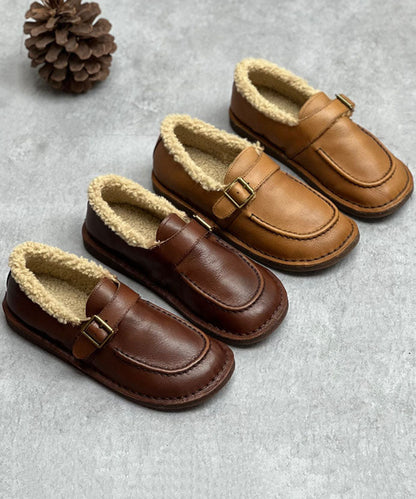 Coffee Flat Shoes for Cowhide Leather Fuzzy Wool Lined Flat Shoes for