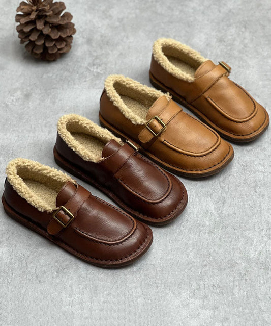 Coffee Flat Shoes for Cowhide Leather Fuzzy Wool Lined Flat Shoes for