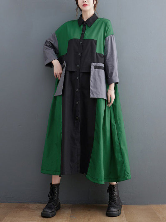 Loose Long Sleeves Contrast Color Polo Midi Dresses