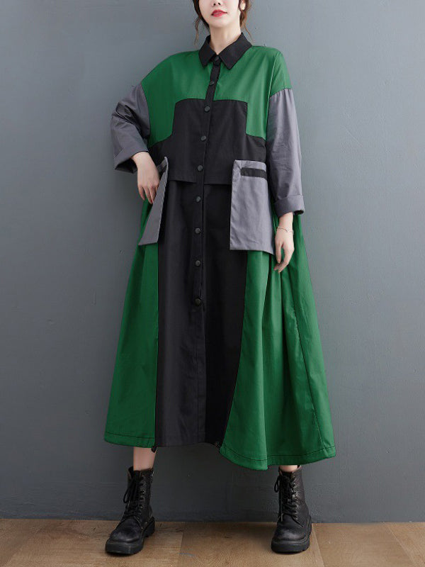 Loose Long Sleeves Contrast Color Polo Midi Dresses