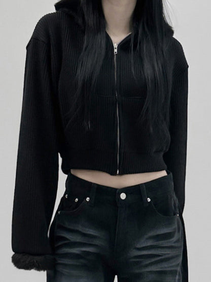 Y2k Black Versatile Color Corduroy Plush Cardigan
