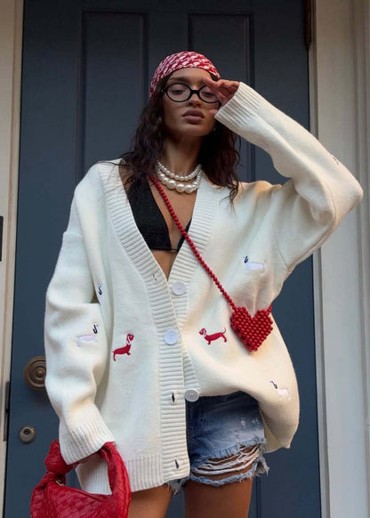Oversized Dachshund Embroidered Cardigan – Knit Sweater