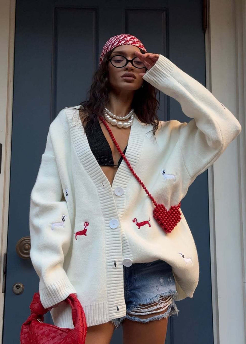 Oversized Dachshund Embroidered Cardigan – Knit Sweater