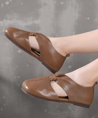 Chocolate Hollow Out Flat Feet Shoes Cowhide Leather