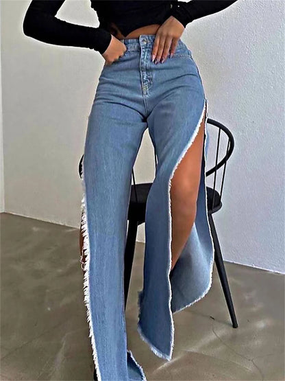 High Waisted Side Split Out Jeans Loose Cargo Black Pants Summer Wide Leg Long Baggy Y2k Jeans