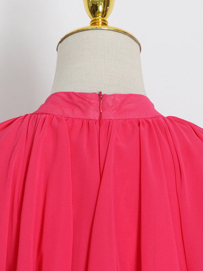 Loose Raglan Sleeve Color Tiered Stand Collar Maxi Dresses