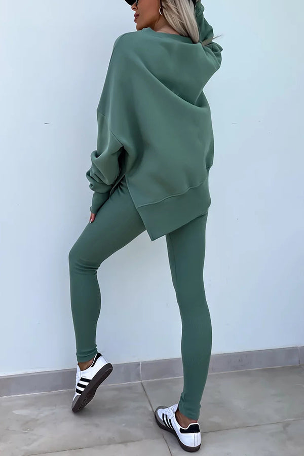 Color Loose Long Sleeve Slitsweatshirt and Elastic Waist Tight Pants Set