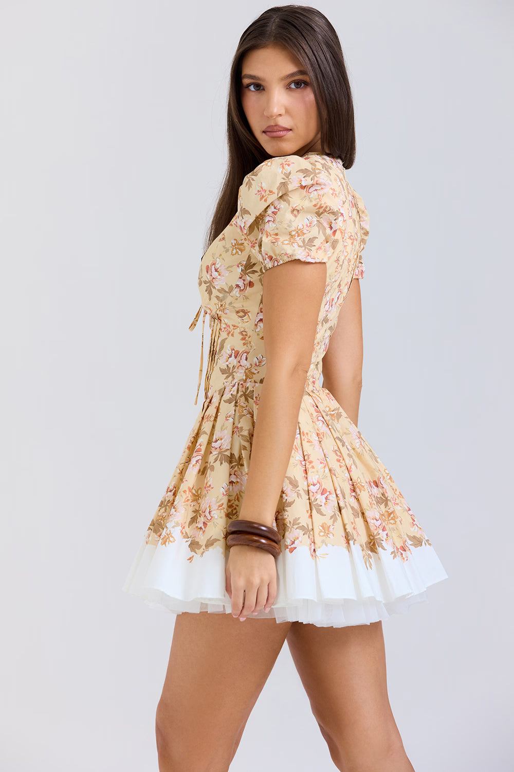 Honeyflower Print Pleated Cotton Mini Dress