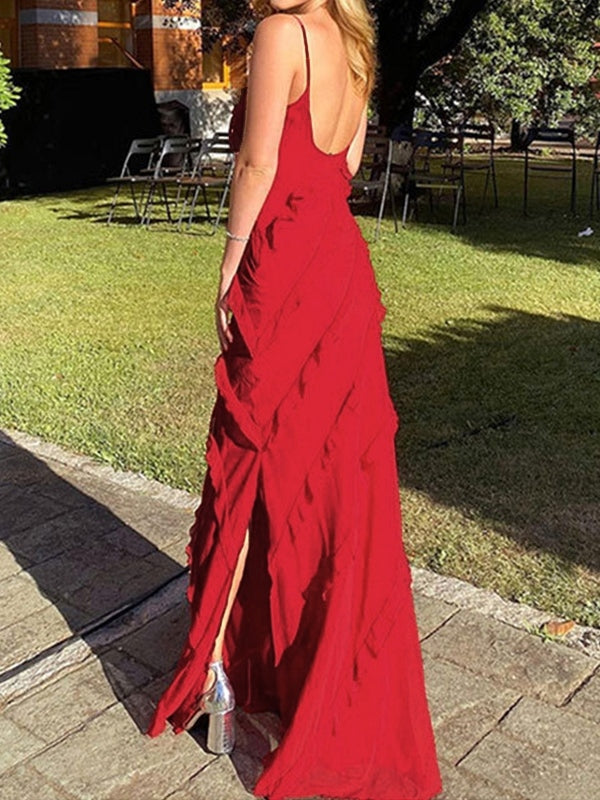 Red Halter Backless Slit Ruffles Maxi Dress