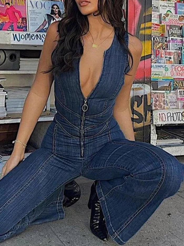High Rise Denim Jumpsuit With Backless Zip Up
