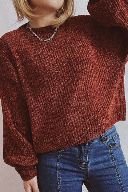 Color Round Neck Lantern Sleeve Short Knitted Sweater