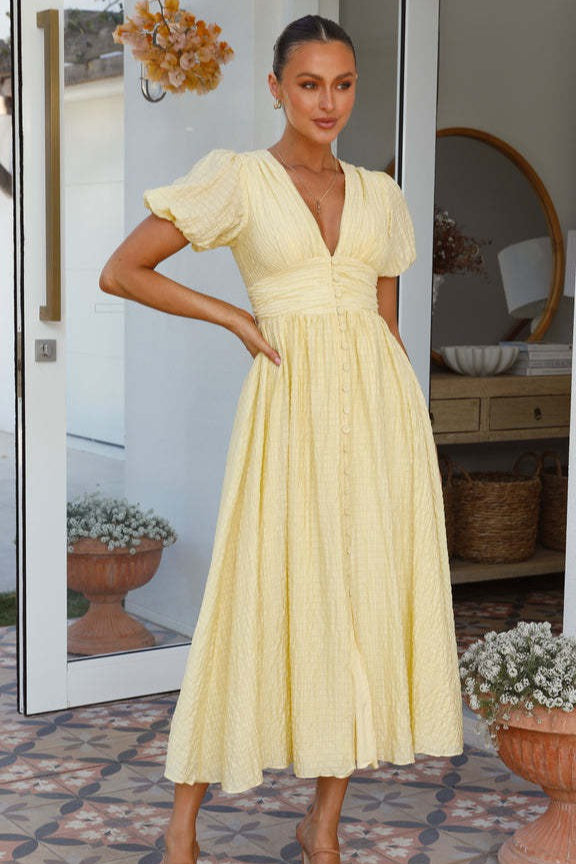 V Neck Puff Sleeve Flared Midi Dress
