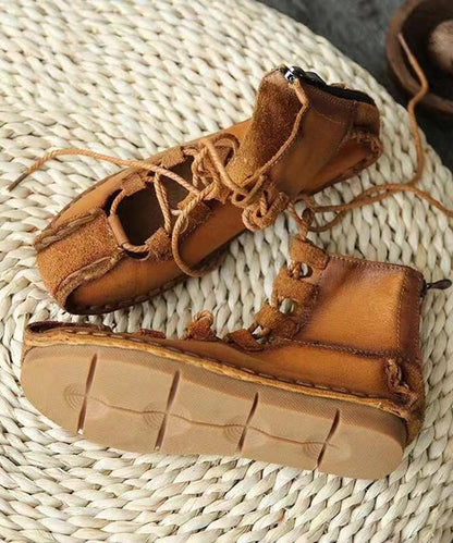 Lace Up Splicing Flat Shoes Khaki Cowhide Leather