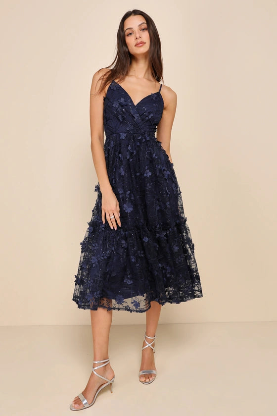 Springtime Soiree Navy Black Sequin 3d Applique Midi Dress