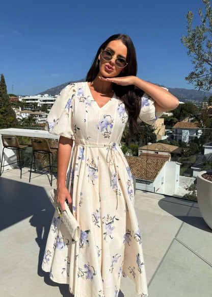 Beige Puff Sleeve Maxi Dress – V-neck A-line Gown