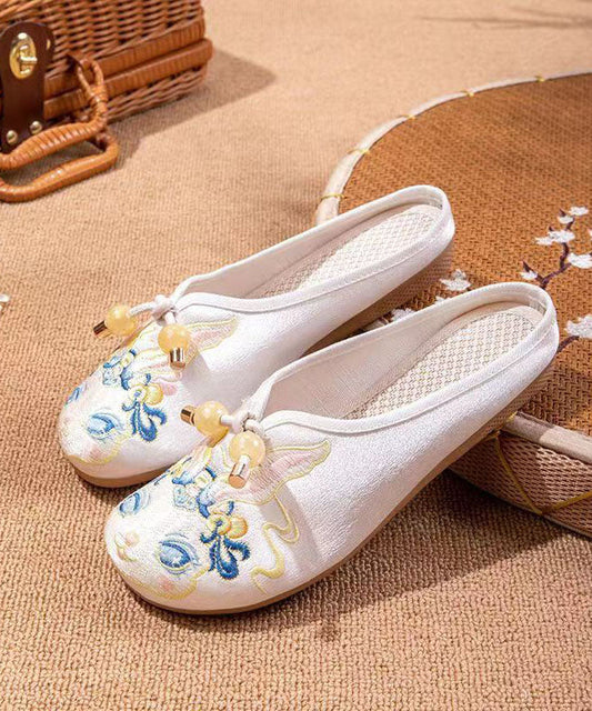 White Embroideried Splicing Flat Slippers Shoes