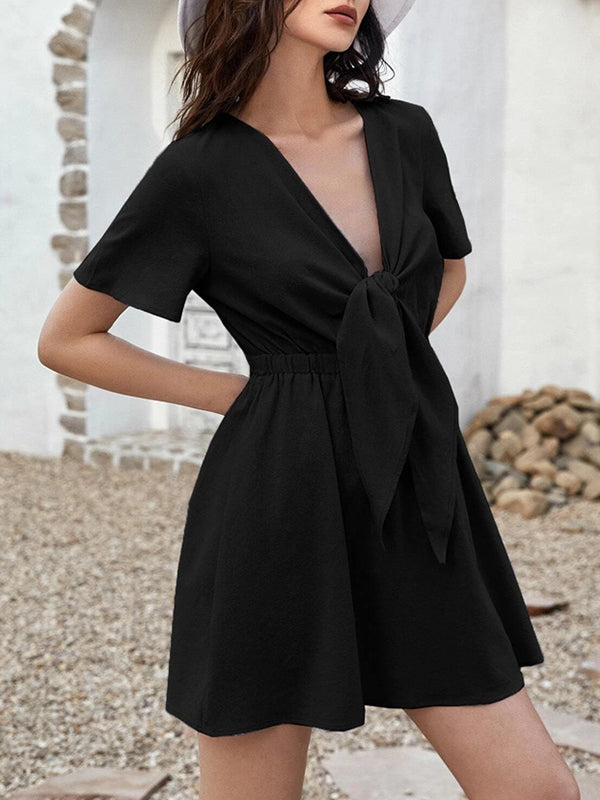 A-line Loose Elasticity Knot Pleated Color Deep V-neck Mini Dresses