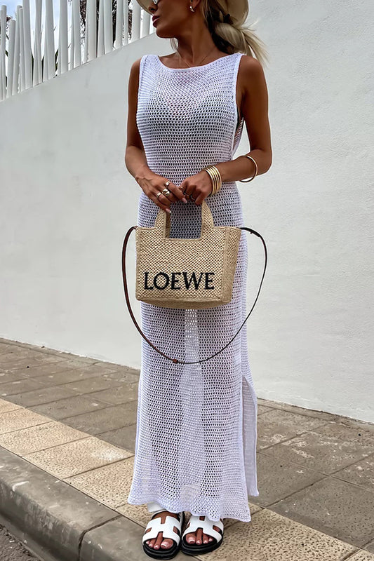 Color Knitted Cutout Slit Slim Fit Maxi Dress
