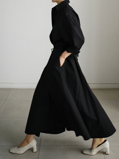 Long Sleeves Loose Pleated Color Split-joint Tied Waist Lapel Midi Dresses Shirt Dress