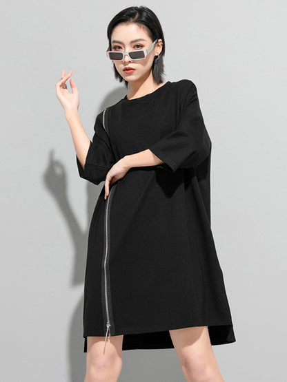 Original Black Zipper Batwing Sleeve Round-neck Mini Dress