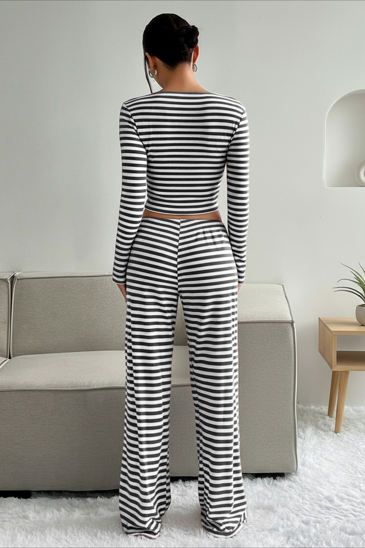 Two Tone Stripe Two Piece Pants Set