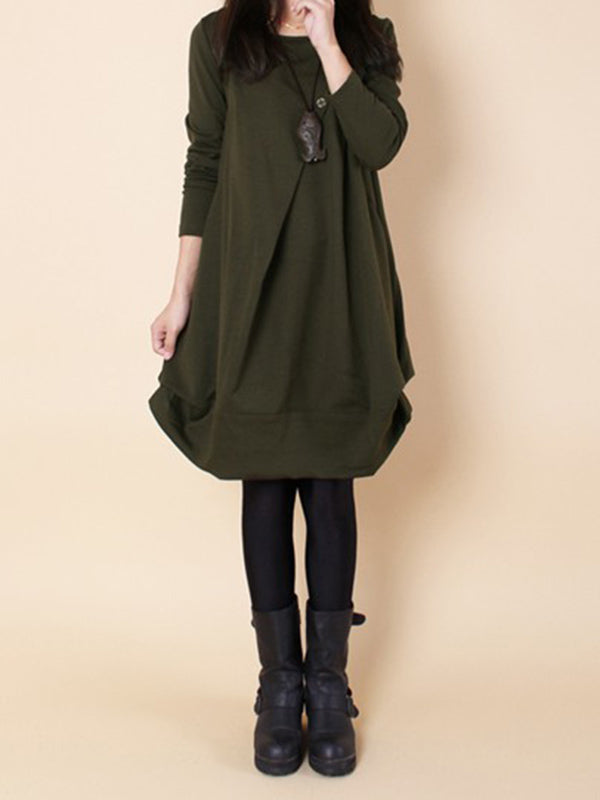 A-line Long Sleeves Pleated Color Round-neck Dresses Maxi Dresses