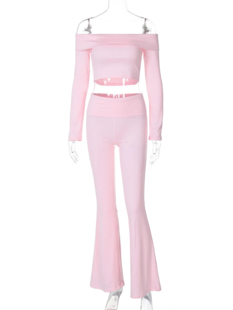 Folds Long Pant Sets Winter Bodycon Off Shoulders Short Pullover Femme High Waist Pants 2 Piece Suit Outfits
