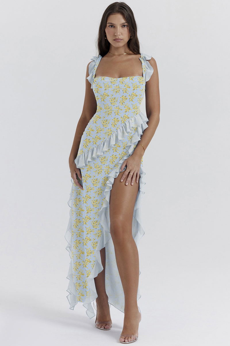 Cherry Ruffle Maxi Dress-blue Flower