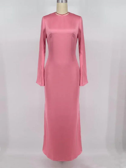 Satin Slim Maxi Dress for Long Sleeve High Waist Party Dress Autumn Dress