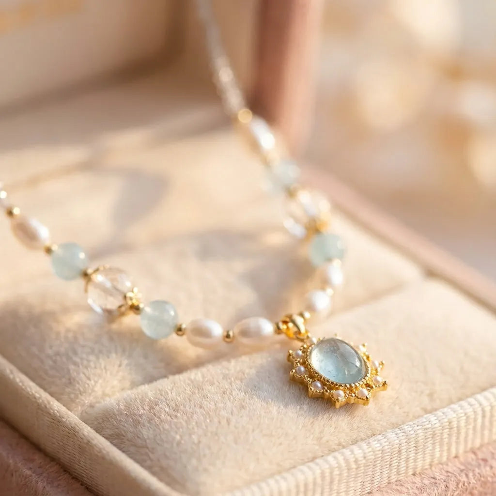 Blue Stone Zircon Freshwater Pearl Necklace