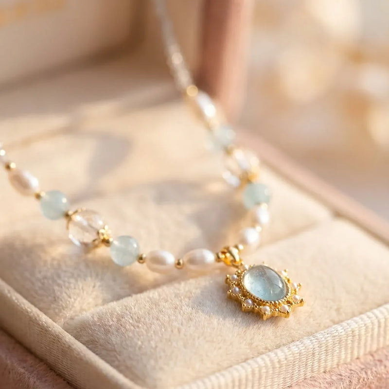 Blue Stone Zircon Freshwater Pearl Necklace