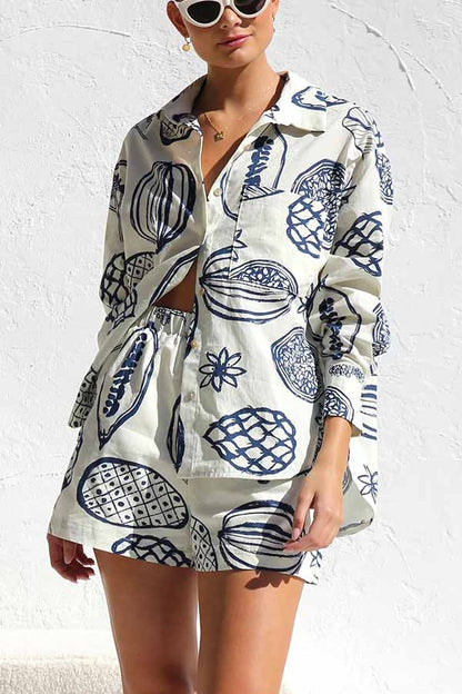 Parkside Tropical Fruit Print Loose Shirt and Elastic Waist Pocketed Shorts Set